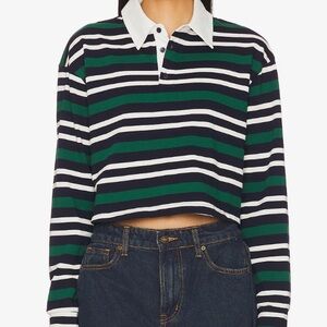 Superdown Rugby Navy and Green Striped Polo